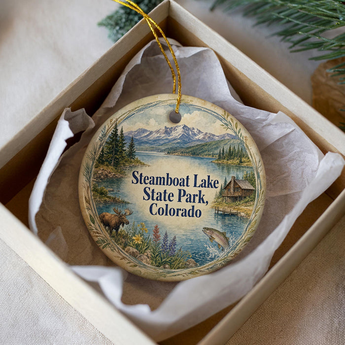 A decorative ornament in a box, featuring a scenic landscape with mountains, a lake, and a cabin, along with a moose and a fish.