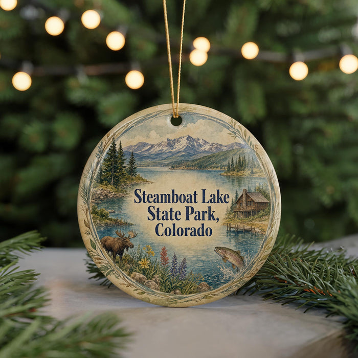 A round ornament with a scenic image of Steamboat Lake, State Park, and Colorado, featuring a moose, pine trees, and a lake with a mountain backdrop.