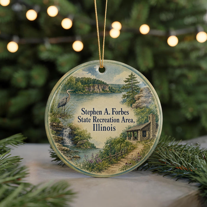 A round ornament featuring a scenic landscape with a lake, mountains, and a bird, hanging in front of a Christmas tree with lights.