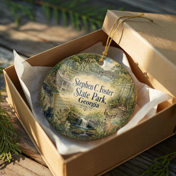 A decorative ornament in a box, featuring a scenic landscape with a waterfall and greenery, with the text "Stephan C. Foster State Park, Georgia" printed on it.