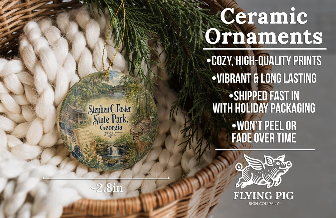 Ceramic ornaments, featuring a scenic image of State Park, Georgia, hanging from a wicker basket.