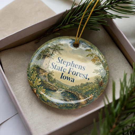 A decorative ornament in a box, featuring a scenic landscape with a river, trees, and a castle.
