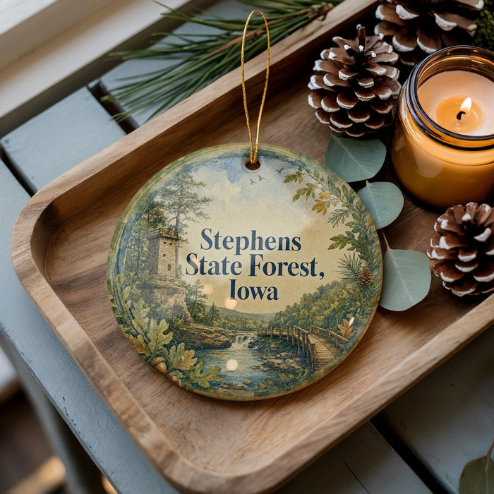 A wooden tray with a decorative ornament featuring a scenic landscape of Stephens State Forest, Iowa, and pine cones.