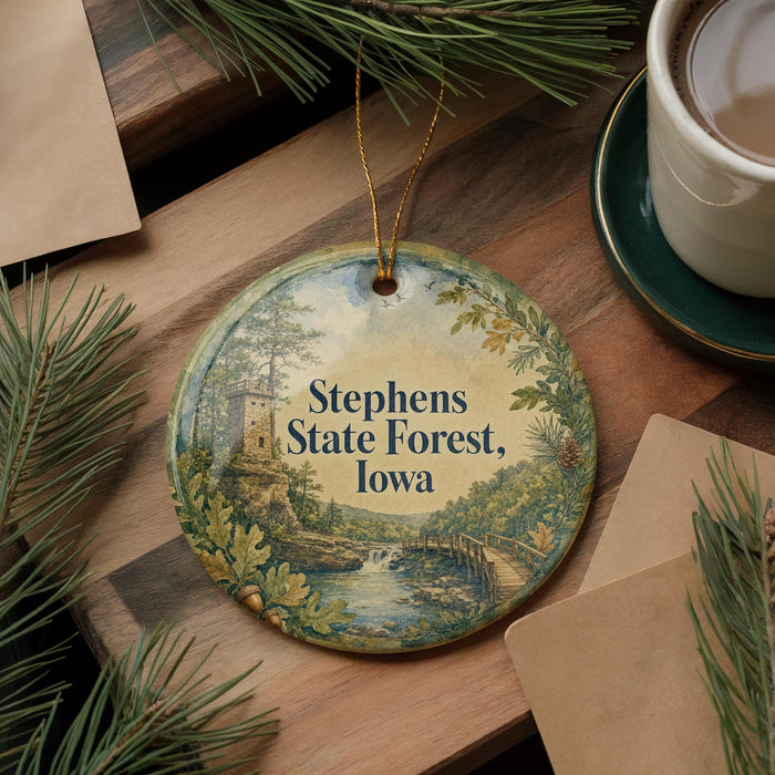A decorative ornament with a scenic landscape of Stephens State Forest, Iowa, featuring a castle, trees, and a river. The ornament is hanging on a wooden surface, surrounded by pine branches and a cup of coffee.