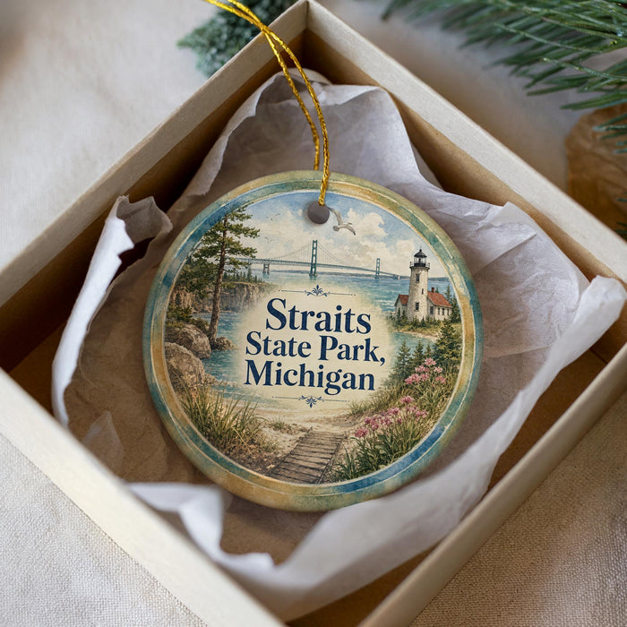 A round ornament with a scenic image of a park and a bridge, featuring the text "Straits State Park, Michigan" on it.