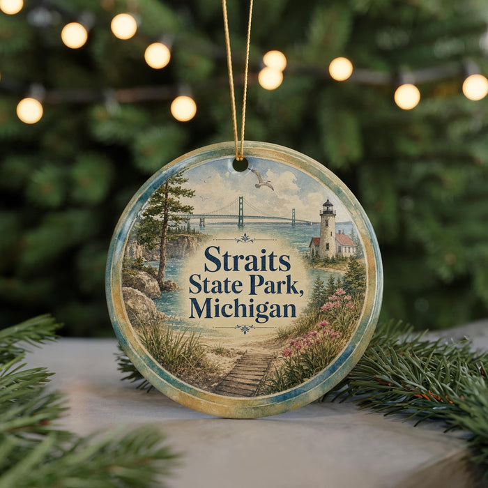 A circular ornament with a scenic image of Straits State Park, Michigan, featuring a lighthouse, bridge, and surrounding landscape.