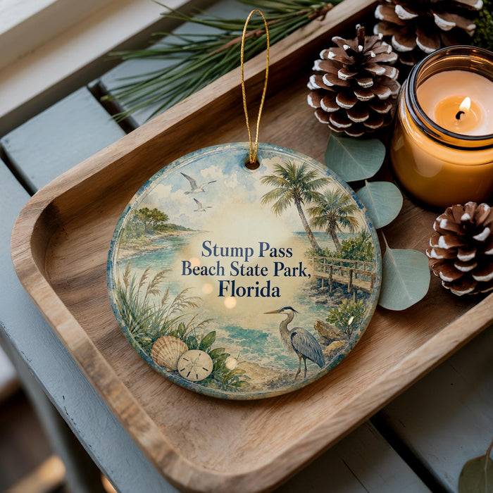 A decorative ornament with a beach scene and a bird, placed on a wooden tray next to a lit candle and pine cones.