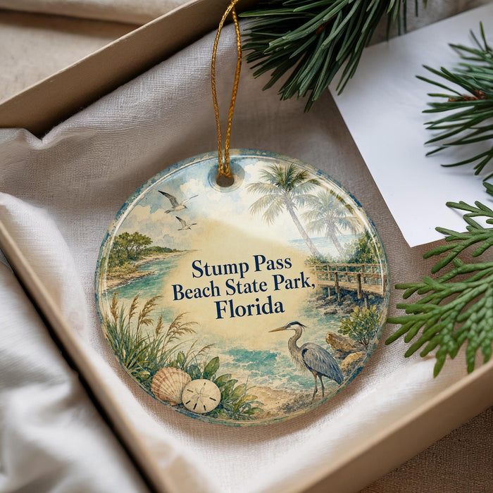 A decorative ornament with a beach scene and a bird, placed in a box with pine branches.