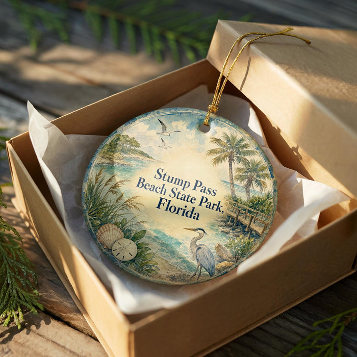 A circular ornament in a wooden box, featuring a beach scene with palm trees, a bird, and seashells.