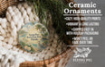 Ceramic ornaments, featuring a tropical beach scene with palm trees and birds, are displayed in a woven basket.