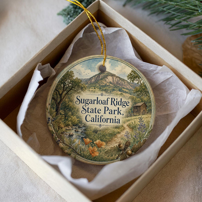 A round ornament with a scenic landscape of Sugarloaf Ridge State Park, California, displayed in a box with a white tissue paper lining.
