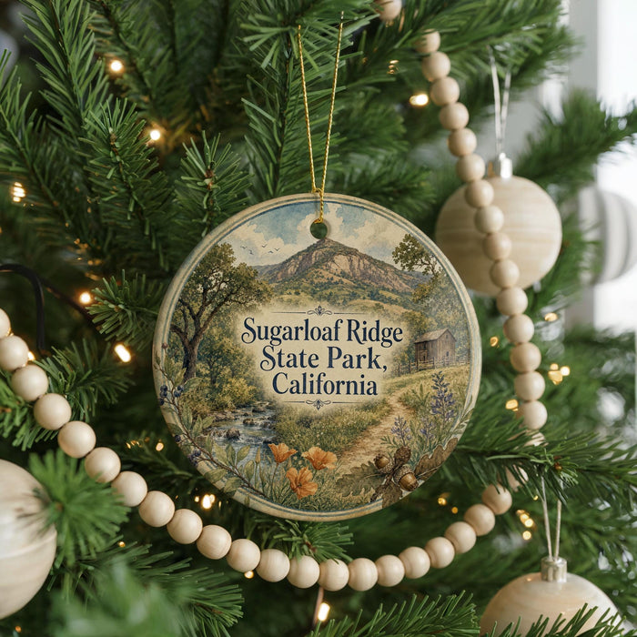 A round ornament hanging on a Christmas tree, featuring a scenic landscape with mountains, trees, and a stream.