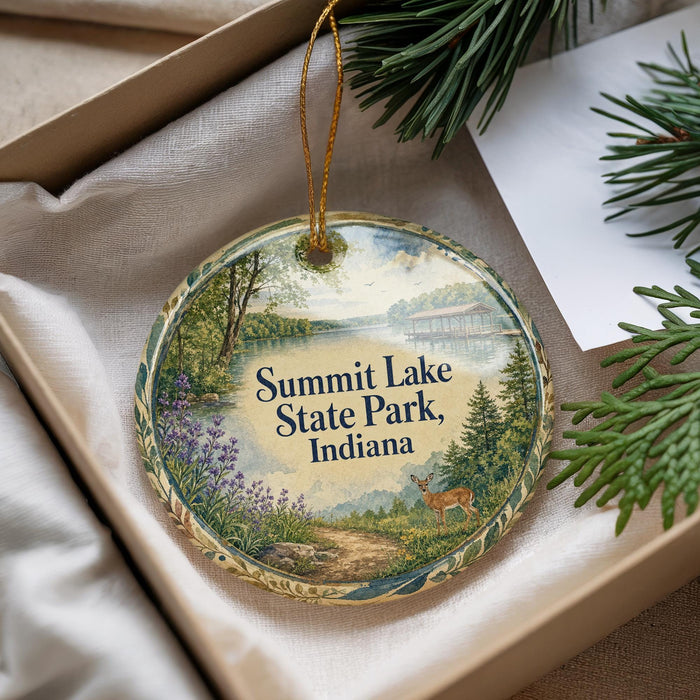 A decorative ornament with a scenic landscape of Summit Lake State Park, Indiana, featuring a deer, pine trees, and a lake.