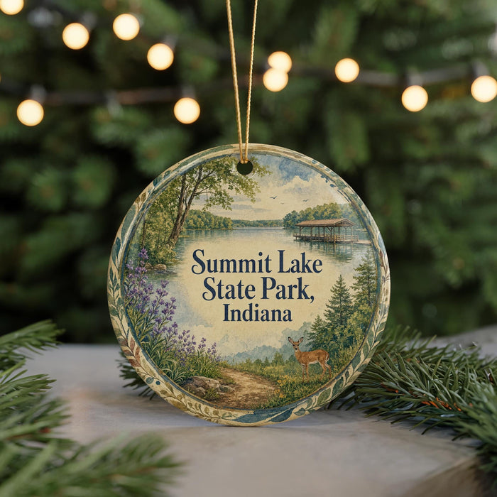 A decorative ornament featuring a scenic landscape with a lake, trees, and a deer, hanging in front of a Christmas tree with lights.