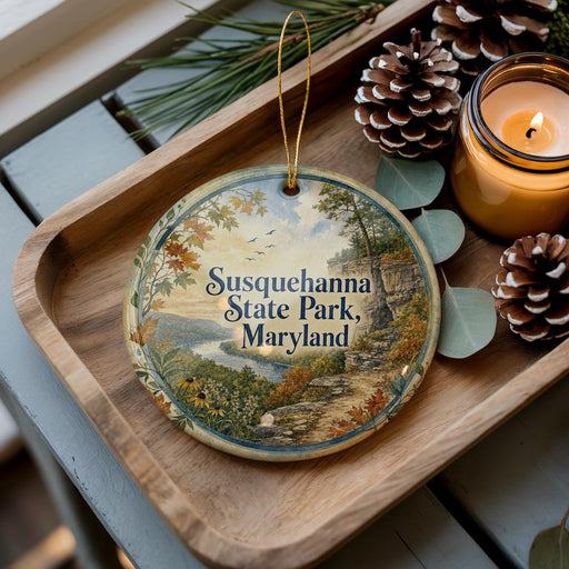 A decorative ornament with a scenic landscape of Susquehanna State Park, Maryland, featuring a winding path, trees, and a river. The ornament is displayed on a wooden tray, with pine cones and a lit candle nearby.