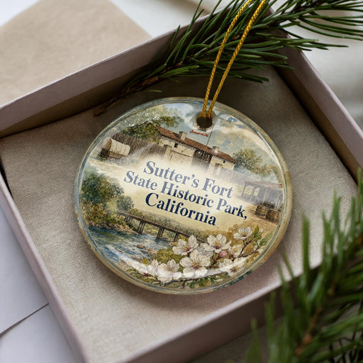 A decorative ornament with a picture of Sutter's Fort State Historic Park, California, displayed in a box with pine branches.