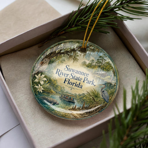 A decorative ornament in a box, featuring a scenic image of Suwannee River State Park in Florida.