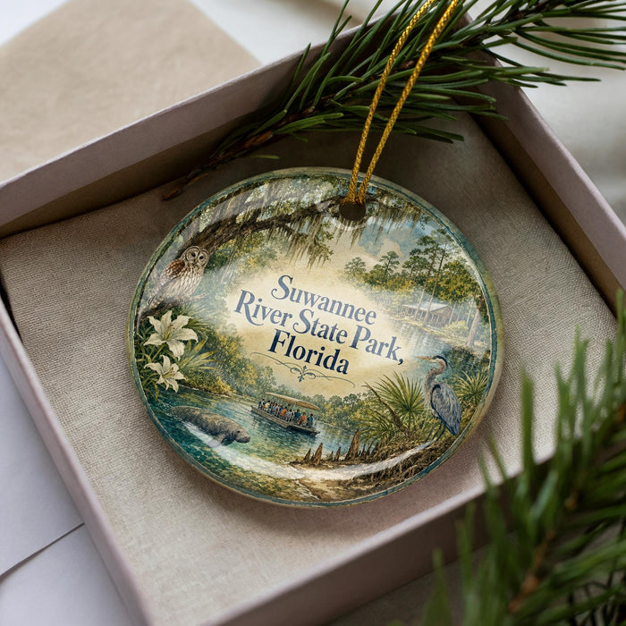 A decorative ornament in a box, featuring a scenic image of Suwannee River State Park in Florida.