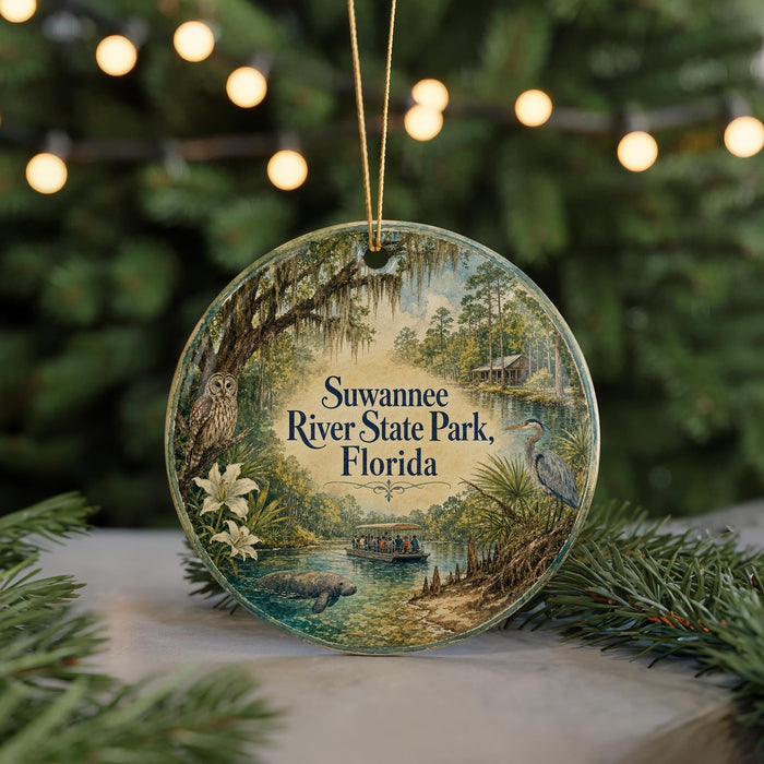 A decorative ornament featuring a scenic image of Suwannee River State Park in Florida, with a bird, flowers, and a boat in the water.