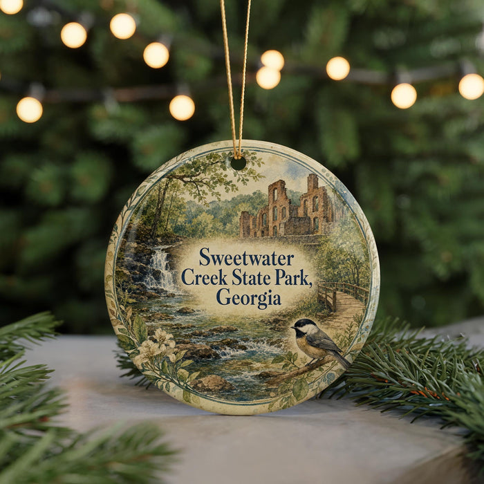A round ornament with a painting of Sweetwater Creek State Park, Georgia, featuring a bird perched on a branch and a waterfall in the background.