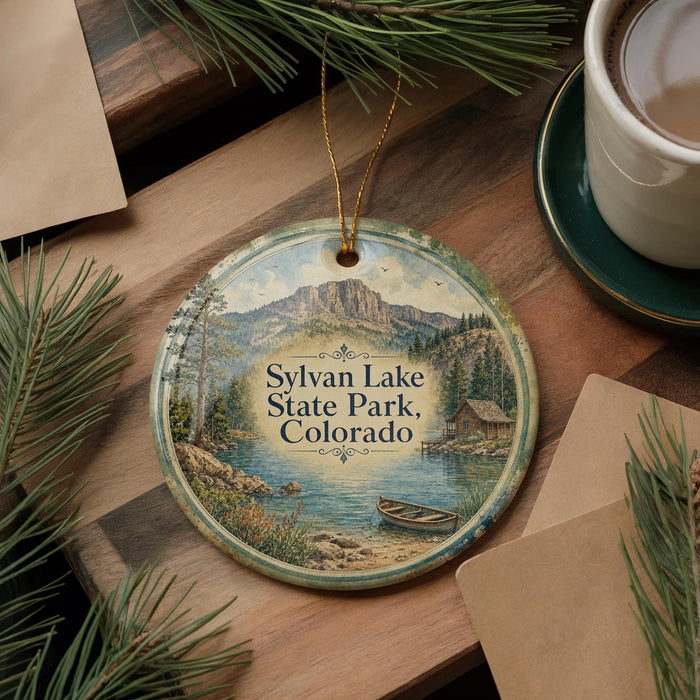 A round ornament with a scenic image of Sylvan Lake State Park, Colorado, hanging on a wooden surface.