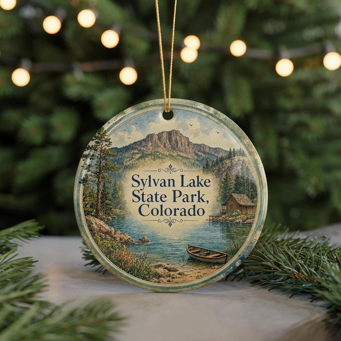 A round ornament with a scenic image of Sylvan Lake State Park, Colorado, featuring a cabin, boat, and mountains in the background.