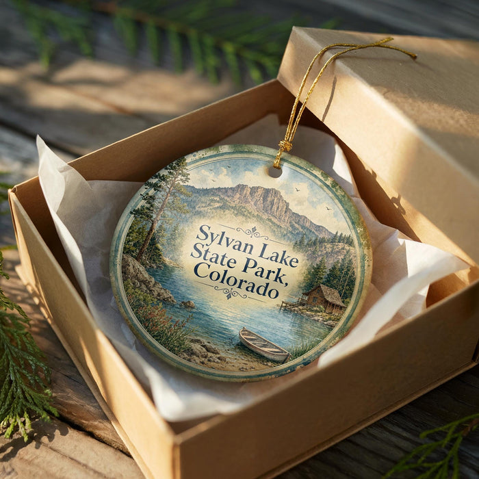A round ornament in a box, featuring a scenic landscape with mountains, water, and a boat, is displayed on a wooden surface.