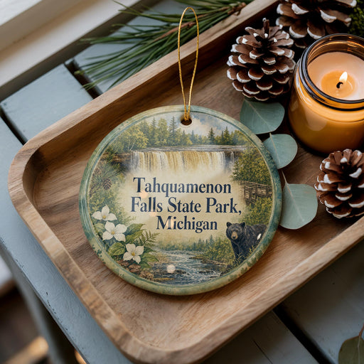 A decorative ornament featuring a scenic image of Tahquamenon Falls State Park, Michigan, with pine cones and a candle on a wooden tray.