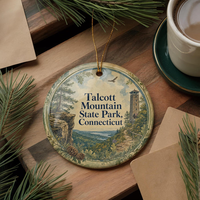 A decorative ornament featuring the name of a park, "Talcott Mountain State Park, Connecticut", surrounded by pine branches and a cup of coffee on a wooden surface.