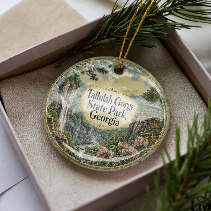 A decorative ornament in a box, featuring a scenic landscape with a waterfall and pine trees.