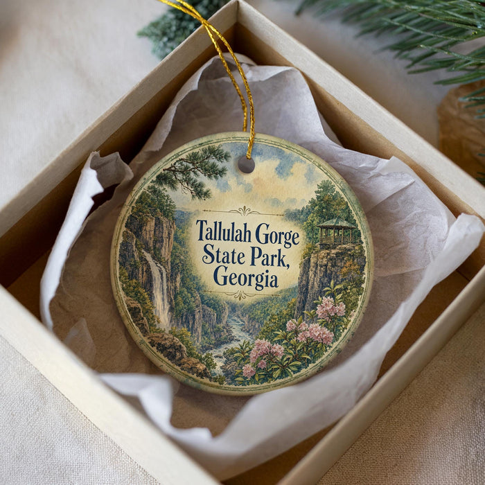 A decorative ornament in a box, featuring a scenic landscape with a waterfall and lush greenery.