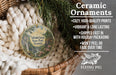 a ceramic ornament hanging from a wicker basket, with a description of the ornament and its features.