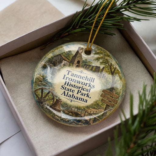 A decorative ornament with a circular design featuring a historical scene, including a building, a bridge, and a waterfall, surrounded by greenery.