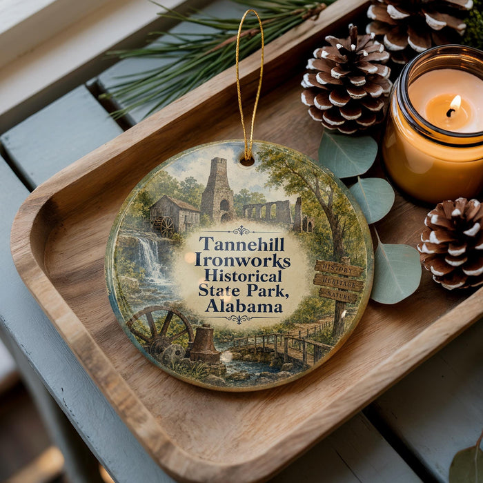 A decorative ornament featuring a scenic image of Tannehill Ironworks Historical State Park, Alabama, with a candle and pine cones on a wooden tray.