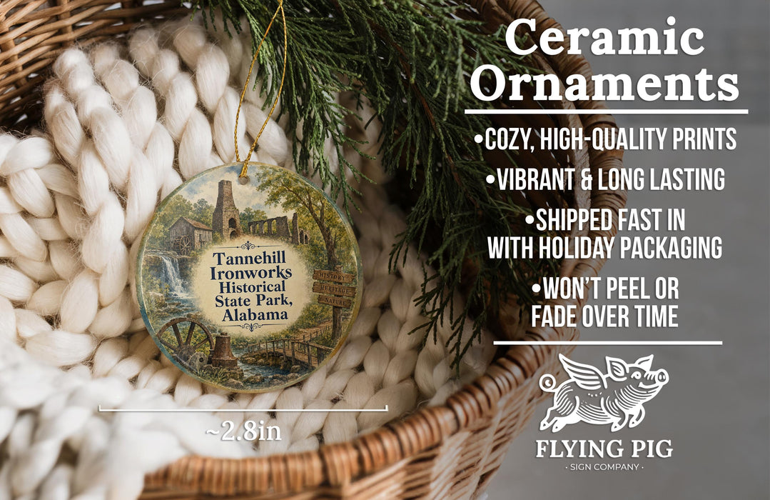 Ceramic ornaments, specifically a ceramic ornament with a historical scene, are displayed in a basket. The ornament is described as having a cozy, high-quality print, vibrant and long-lasting, and being shipped fast in holiday packaging. It is also noted that it won't peel or fade over time. The image is a collage of various images, and the text is described in a concise and clear manner, avoiding redundancy and vague wording.