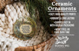 Ceramic ornaments, specifically a ceramic ornament with a historical scene, are displayed in a basket. The ornament is described as having a cozy, high-quality print, vibrant and long-lasting, and being shipped fast in holiday packaging. It is also noted that it won't peel or fade over time. The image is a collage of various images, and the text is described in a concise and clear manner, avoiding redundancy and vague wording.