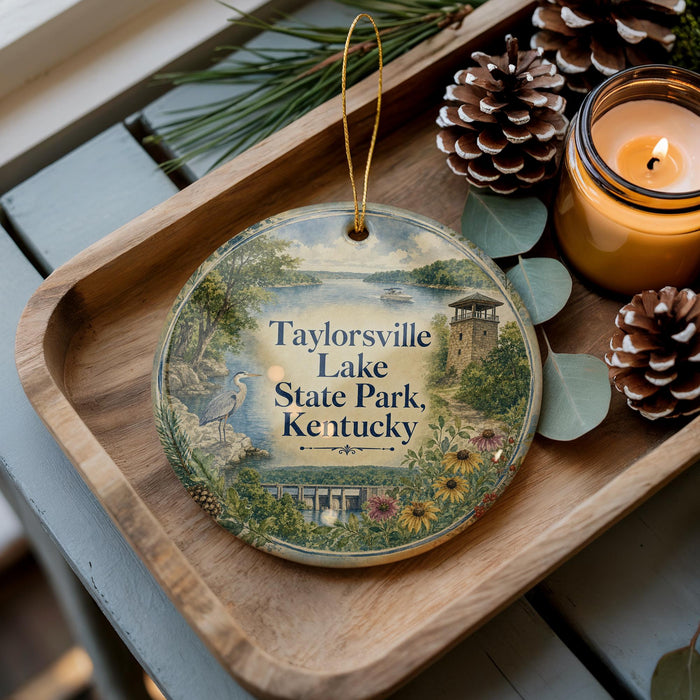 A decorative ornament featuring a scenic view of Taylorville Lake State Park, Kentucky, with pine cones and a lit candle on a wooden tray.