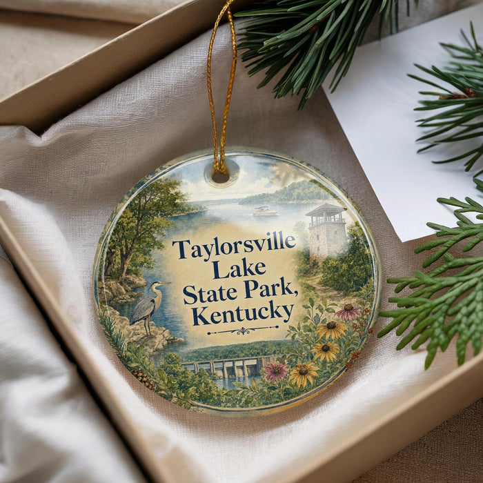 A decorative ornament with a scenic image of Taylorville Lake State Park, Kentucky, hanging from a string.