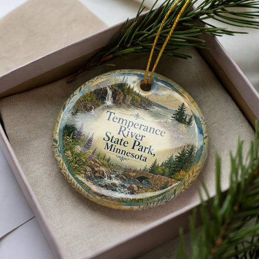 A decorative ornament with a scenic landscape of the Temperance River, State Park, and Minnesota, featuring a waterfall and pine trees.