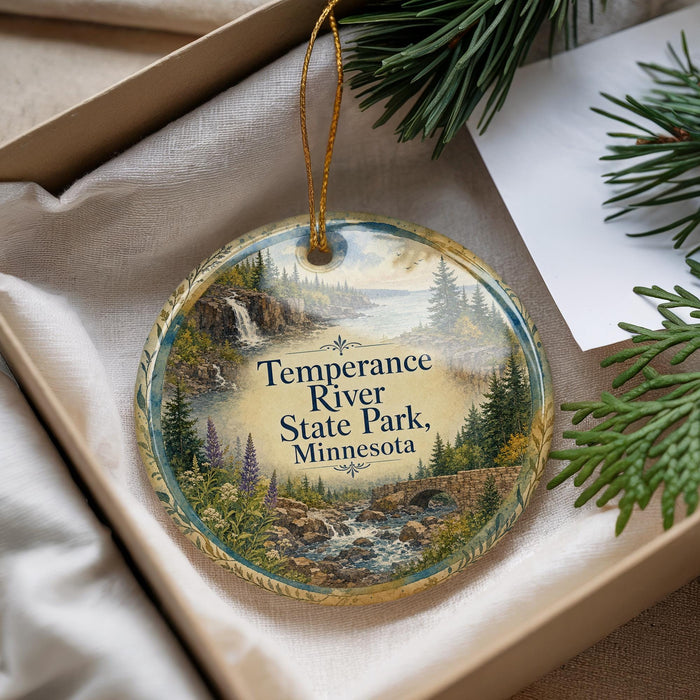 A decorative ornament with a scenic landscape of a river, forest, and waterfall, hanging from a string.