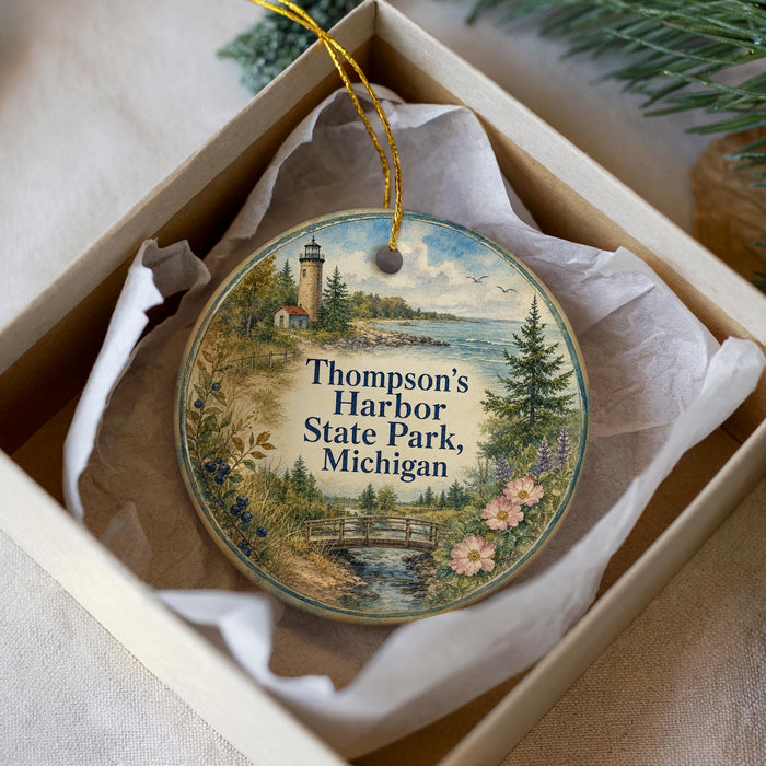 A decorative ornament in a box, featuring a lighthouse and a scenic landscape with a body of water and trees.