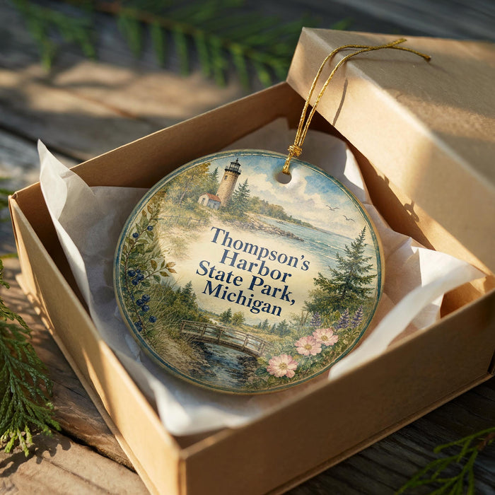 A decorative ornament in a wooden box, featuring a lighthouse and a scenic landscape, with the text "Thomson's Harbor State Park, Michigan" printed on it.