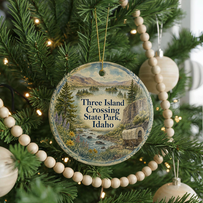 A round ornament hanging on a Christmas tree, featuring a scenic landscape with mountains, trees, and a river.