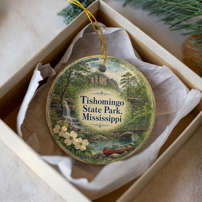 A decorative ornament in a box, featuring a scenic image of Tishomingo State Park, Mississippi.