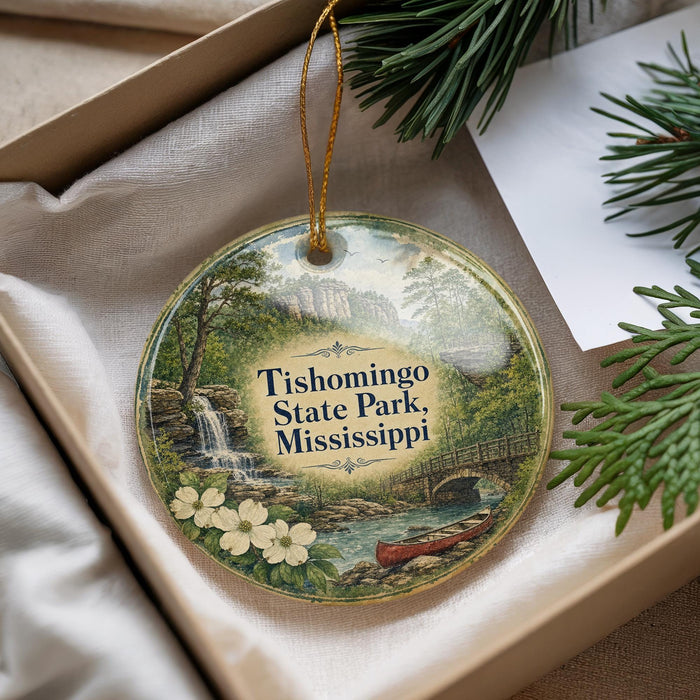 A decorative ornament with a scenic landscape of Tishomingo State Park, Mississippi, featuring a waterfall, bridge, and flowers.