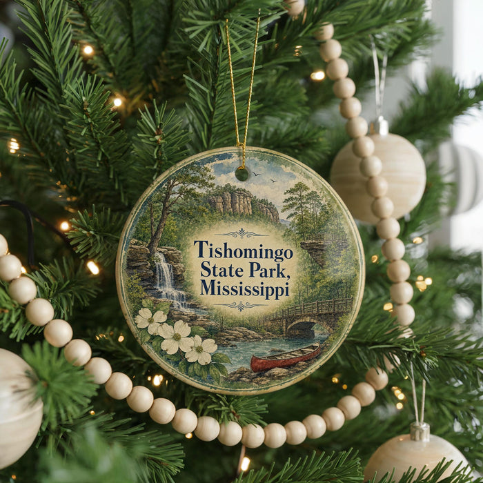 A round ornament hanging on a Christmas tree, featuring a scenic landscape with a waterfall and a bridge.