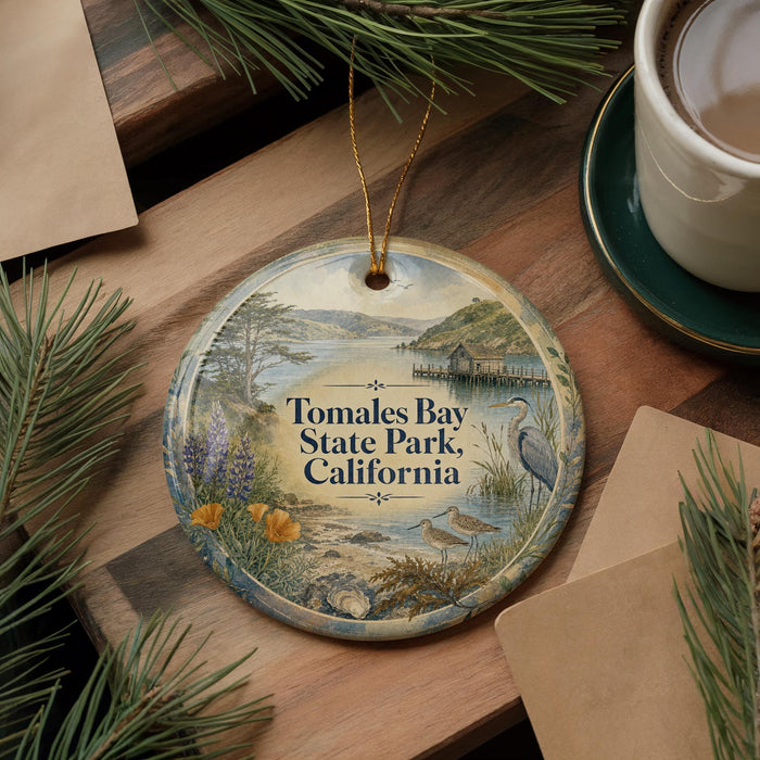 A decorative ornament featuring a scenic image of Tomales Bay State Park, California, with a bird and a body of water in the background.