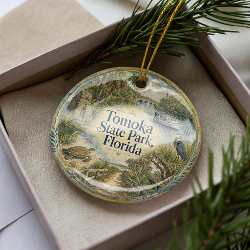 A decorative ornament in a box, featuring illustrations of a park and a bird, with the text "Tomoka State Park, Florida" prominently displayed.