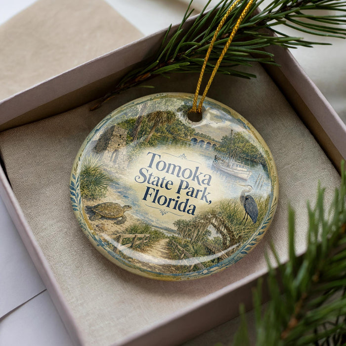 A decorative ornament in a box, featuring illustrations of a park and a bird, with the text "Tomoka State Park, Florida" prominently displayed.