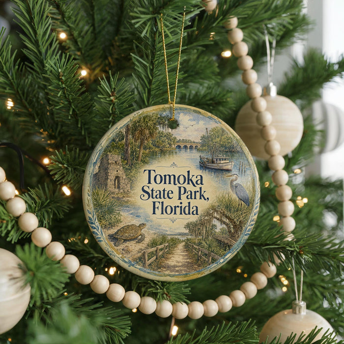 A round ornament on a Christmas tree, featuring a scenic image of Tomoka State Park in Florida.